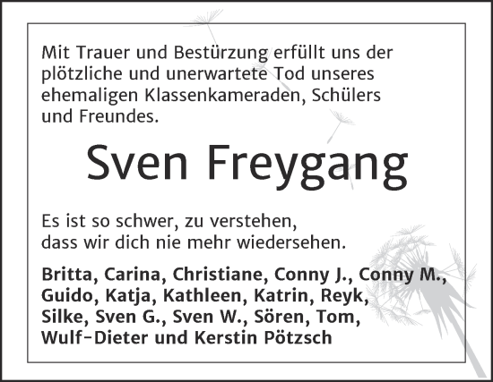 Traueranzeige von Sven Freygang von Trauerkombi Merseburg