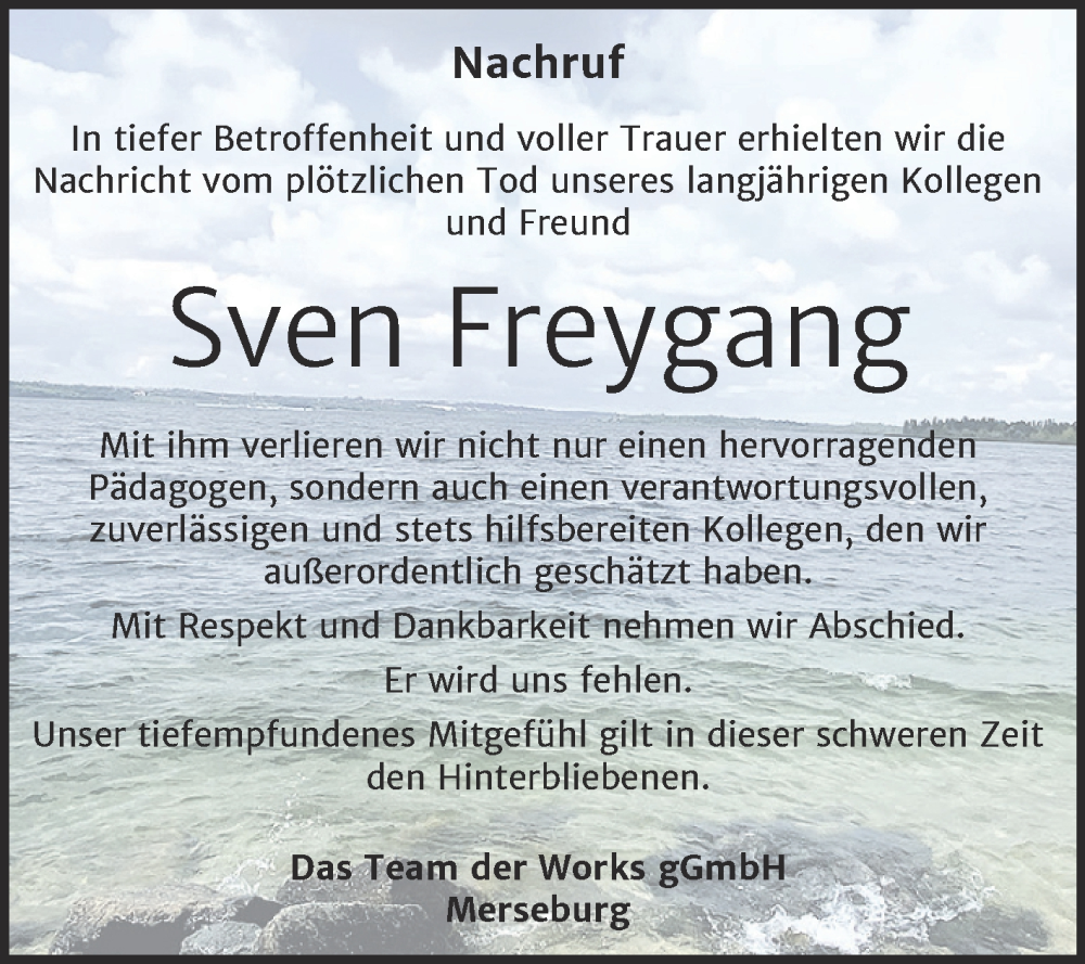  Traueranzeige für Sven Freygang vom 03.08.2024 aus Mitteldeutsche Zeitung Merseburg/Querfurt