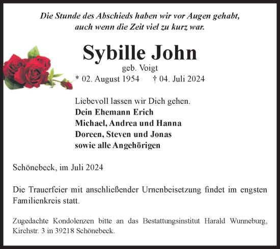 Traueranzeige von Sybille John von Volksstimme Schönebeck