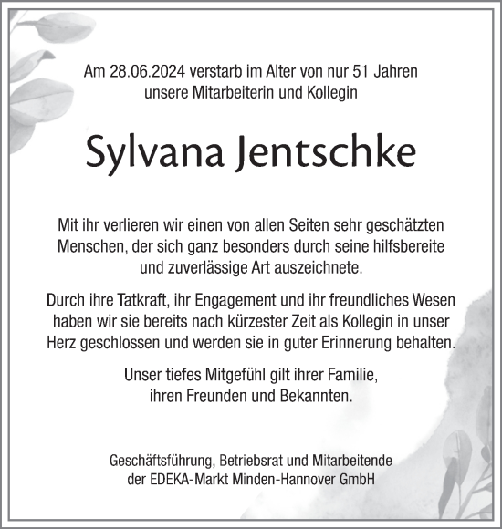 Traueranzeige von Sylvana Jentschke von Naumburger Tageblatt