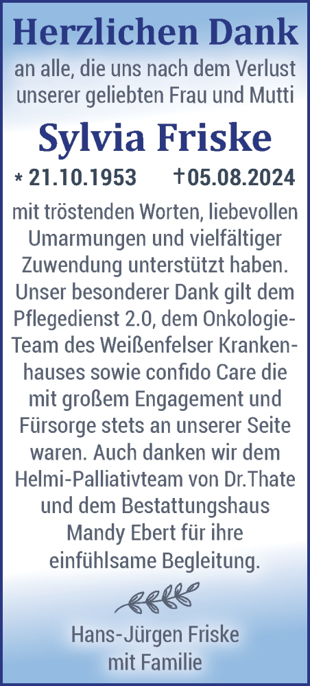Traueranzeige von Sylvia Friske von Trauerkombi Weißenfels