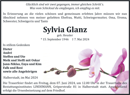 Traueranzeige von Sylvia Glanz von Volksstimme Halberstadt