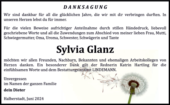 Traueranzeige von Sylvia Glanz von Volksstimme Halberstadt