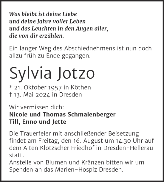 Traueranzeige von Sylvia Jotzo von Trauerkombi Köthen