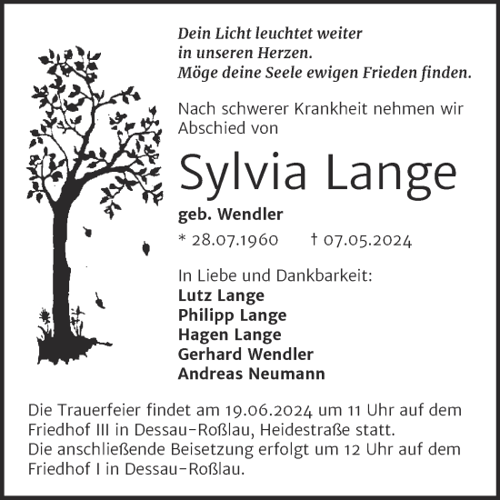 Traueranzeige von Sylvia Lange von Trauerkombi Dessau