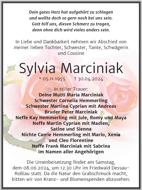 Traueranzeige von Sylvia Marciniak von Trauerkombi Bitterfeld