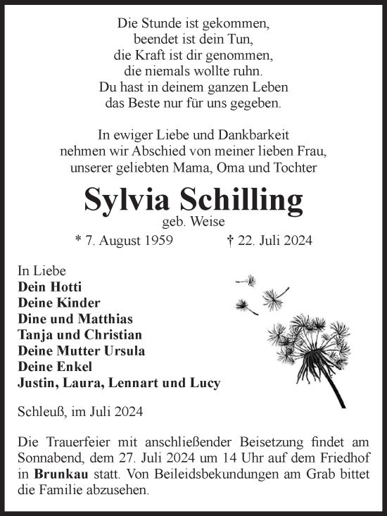 Traueranzeige von Sylvia Schilling von Volksstimme Altmark Ost
