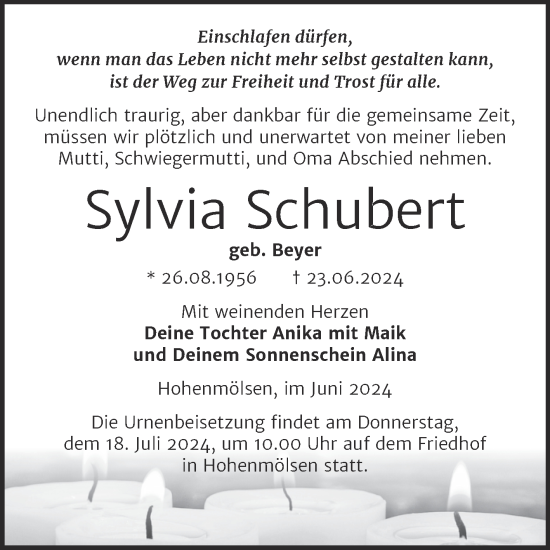 Traueranzeige von Sylvia Schubert von Trauerkombi Weißenfels