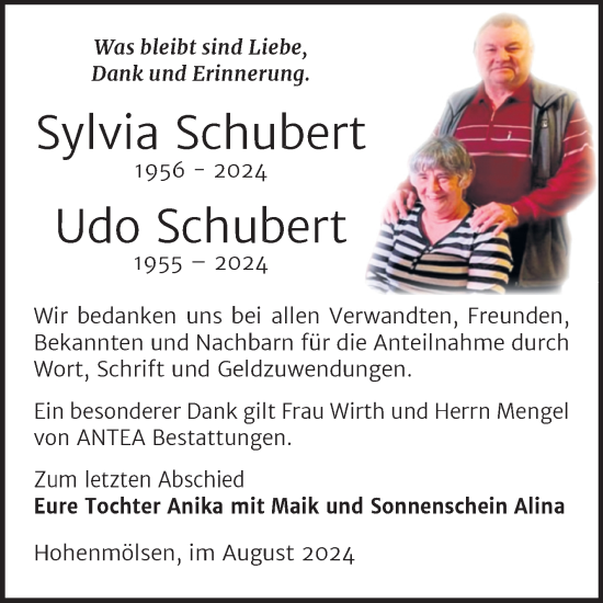 Traueranzeige von Sylvia und Udo Schubert von Trauerkombi Weißenfels