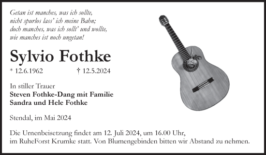 Traueranzeige von Sylvio Fothke von Volksstimme Altmark Ost