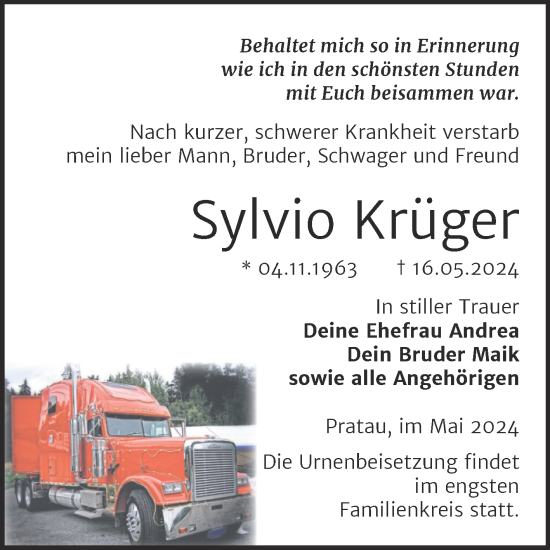 Traueranzeige von Sylvio Krüger von Super Sonntag Wittenberg