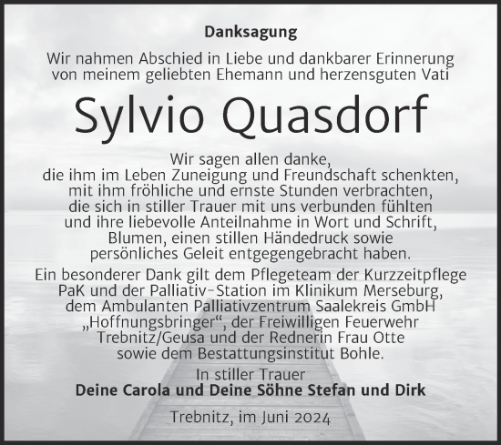 Traueranzeige von Sylvio Quasdorf von Trauerkombi Merseburg