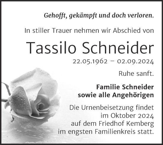 Traueranzeige von Tassilo Schneider von Trauerkombi Wittenberg