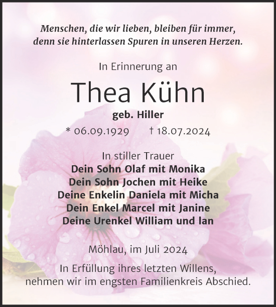Traueranzeige von Thea Kühn von Trauerkombi Wittenberg