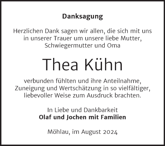 Traueranzeige von Thea Kühn von Trauerkombi Wittenberg