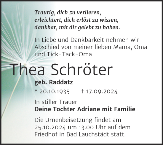 Traueranzeige von Thea Schröter von Mitteldeutsche Zeitung Halle/Saalkreis