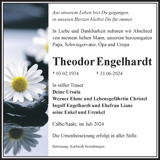 Traueranzeige von Theodor Engelhardt von Volksstimme Schönebeck