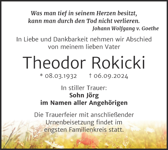 Traueranzeige von Theodor Rokicki von Trauerkombi Bitterfeld