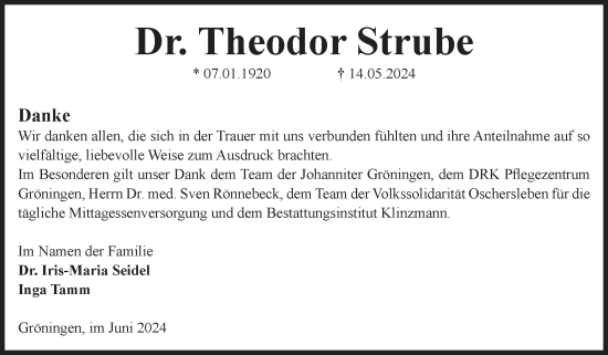 Traueranzeige von Theodor Strube von Volksstimme Oschersleben/Wanzleben