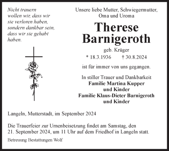 Traueranzeige von Therese Barnigeroth von Volksstimme Wernigerode