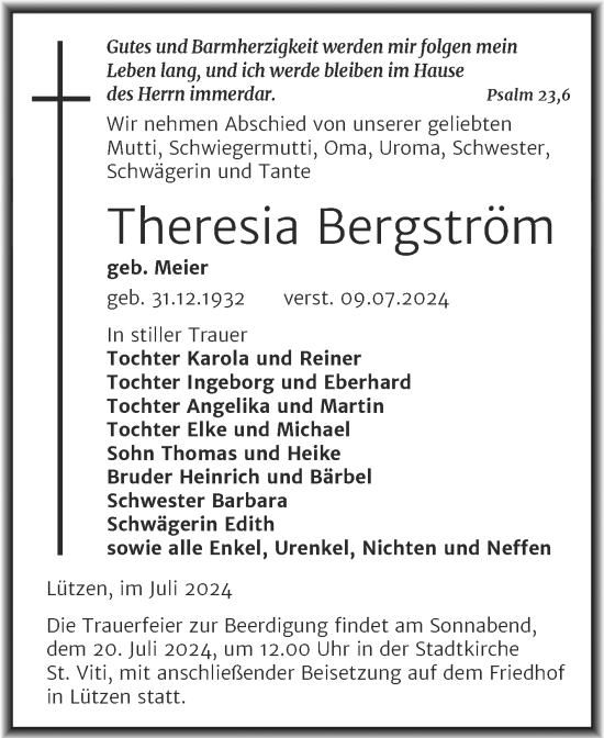 Traueranzeige von Theresia Bergström von Trauerkombi Weißenfels