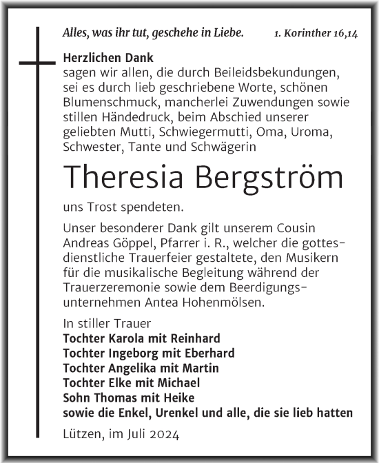 Traueranzeige von Theresia Bergström von Trauerkombi Weißenfels