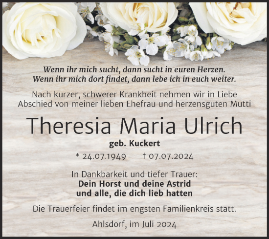 Traueranzeige von Theresia Maria Ulrich von Mitteldeutsche Zeitung Mansfelder Land