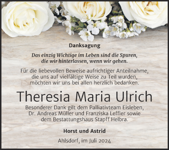 Traueranzeige von Theresia Maria Ulrich von Mitteldeutsche Zeitung Mansfelder Land
