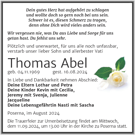 Traueranzeige von Thomas Abel von Trauerkombi Weißenfels