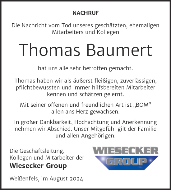 Traueranzeige von Thomas Baumert von Mitteldeutsche Zeitung Weißenfels