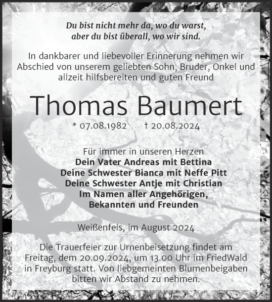 Traueranzeige von Thomas Baumert von Trauerkombi Weißenfels