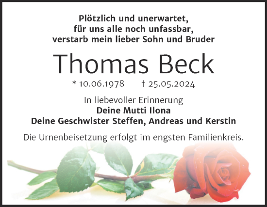 Traueranzeige von Thomas Beck von Trauerkombi Bitterfeld