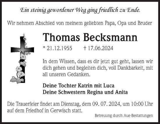 Traueranzeige von Thomas Becksmann von Volksstimme Burg/Genthin