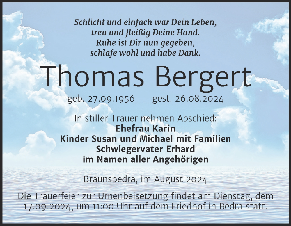  Traueranzeige für Thomas Bergert vom 31.08.2024 aus Trauerkombi Merseburg