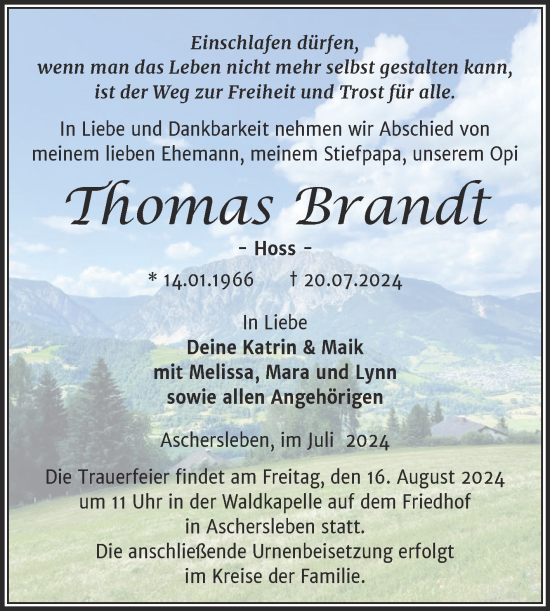 Traueranzeige von Thomas Brandt von Trauerkombi Aschersleben