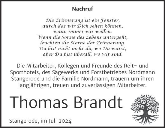 Traueranzeige von Thomas Brandt von Mitteldeutsche Zeitung Salzlandkreis