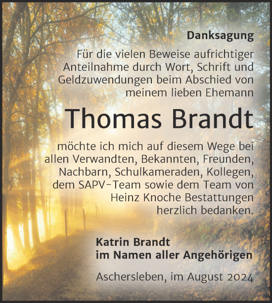 Traueranzeige von Thomas Brandt von Trauerkombi Aschersleben