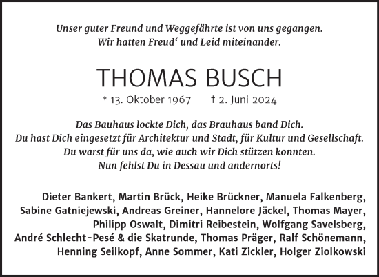 Traueranzeige von Thomas Busch von Mitteldeutsche Zeitung Dessau-Roßlau