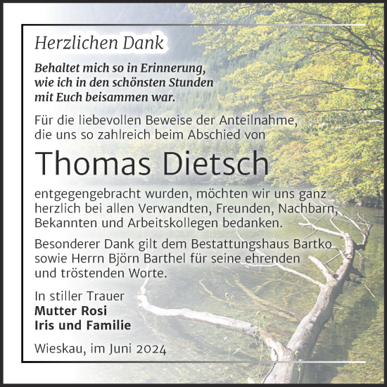 Traueranzeige von Thomas Dietsch von Trauerkombi Bernburg
