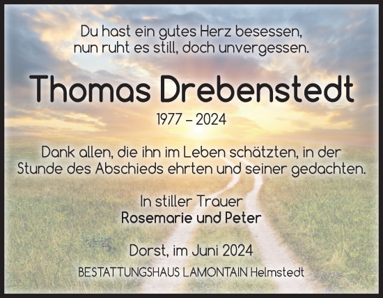 Traueranzeige von Thomas Drebenstedt von Volksstimme Haldensleben/Wolmirstedt
