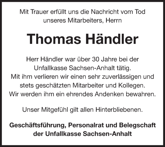 Traueranzeige von Thomas Händler von Volksstimme Zerbst