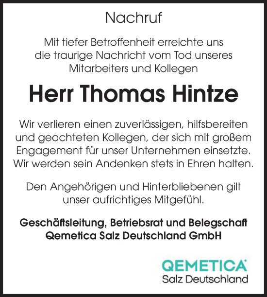 Traueranzeige von Thomas Hintze von Volksstimme Staßfurt