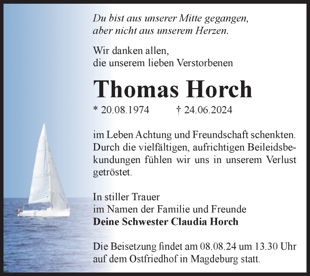  Traueranzeige für Thomas Horch vom 27.07.2024 aus Volksstimme Magdeburg