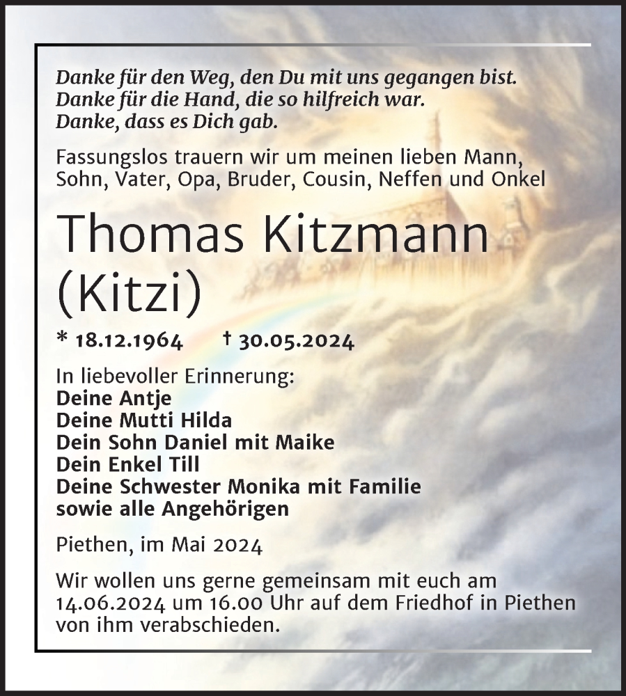  Traueranzeige für Thomas Kitzmann vom 08.06.2024 aus Trauerkombi Köthen