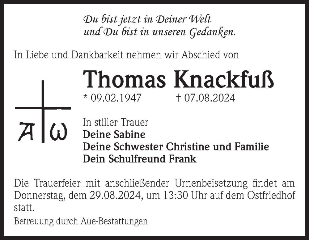  Traueranzeige für Thomas Knackfuß vom 17.08.2024 aus Volksstimme Magdeburg