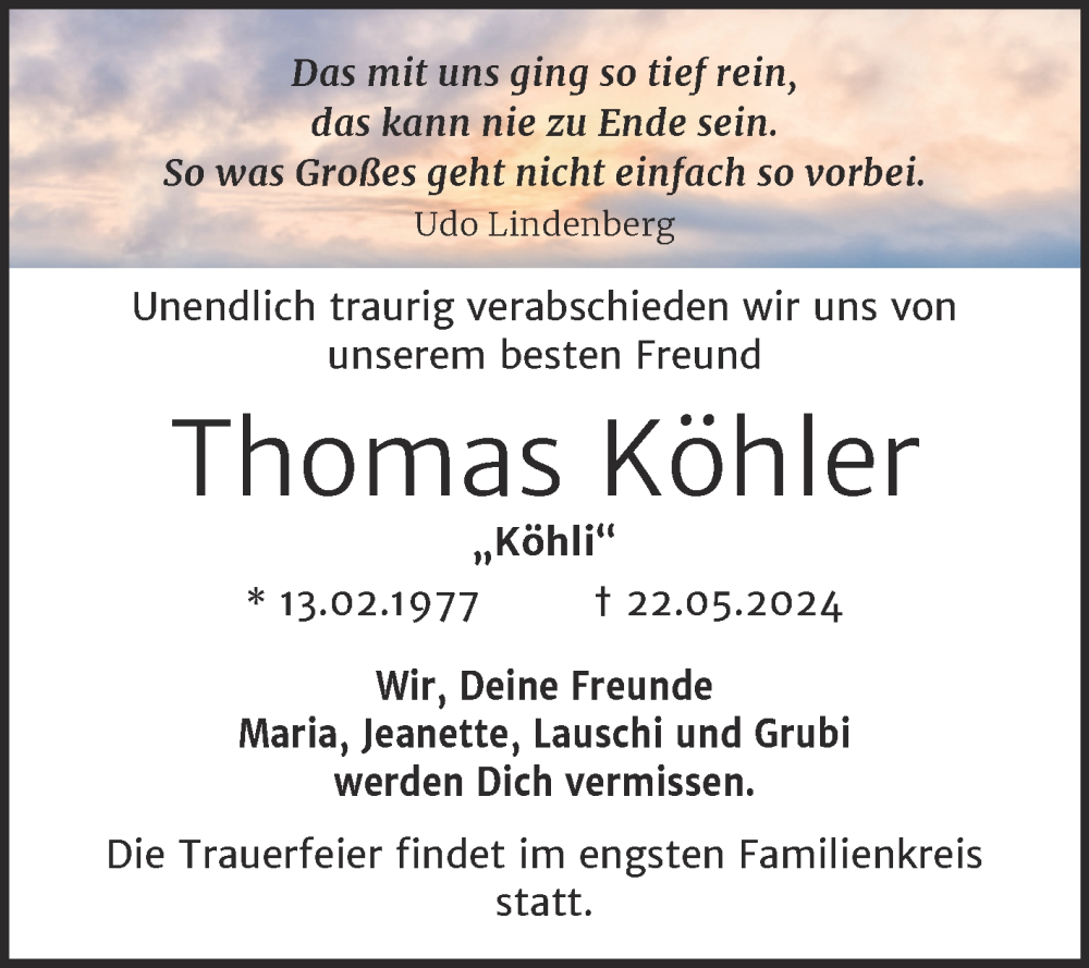  Traueranzeige für Thomas Köhler vom 15.06.2024 aus Trauerkombi Merseburg