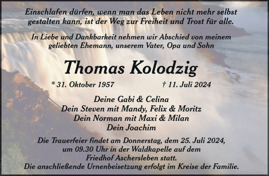 Traueranzeige von Thomas Kolodzig von Trauerkombi Aschersleben