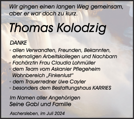 Traueranzeige von Thomas Kolodzig von Trauerkombi Aschersleben