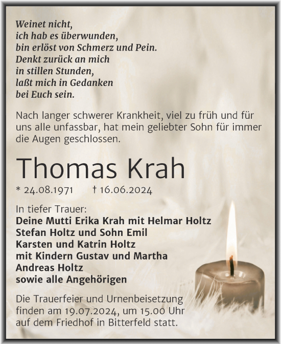 Traueranzeige von Thomas Krah von Trauerkombi Bitterfeld