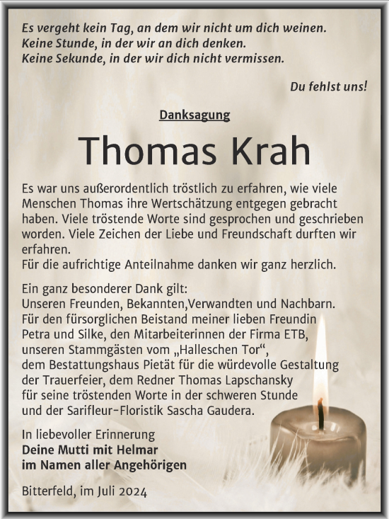 Traueranzeige von Thomas Krah von Trauerkombi Bitterfeld